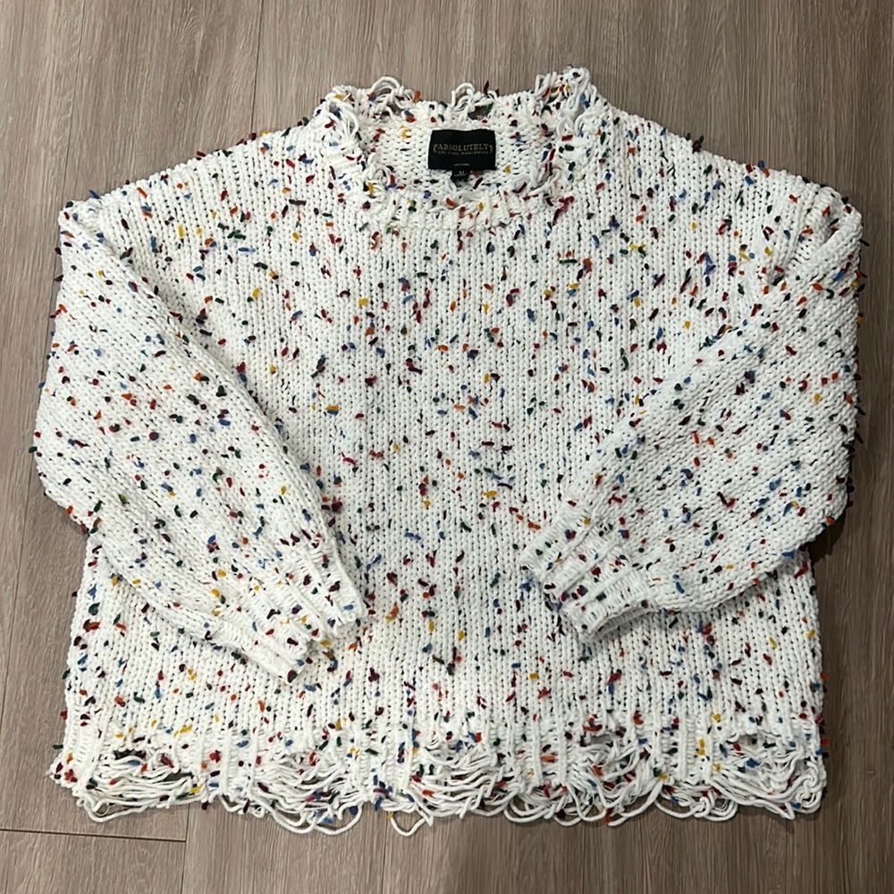 White and Rainbow Sweater with Distress Edges
